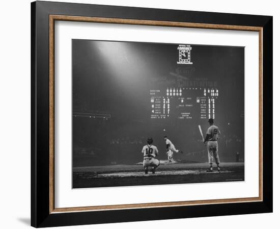 Boston Red Sox Player Ted Williams, While Watching Pitcher Warm-up. Catcher Sherm Lollar-Frank Scherschel-Framed Premium Photographic Print