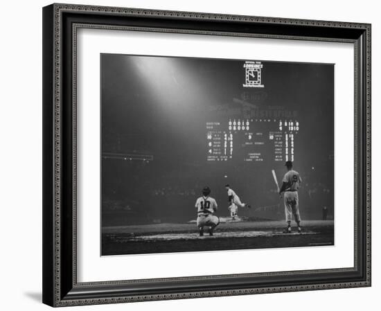 Boston Red Sox Player Ted Williams, While Watching Pitcher Warm-up. Catcher Sherm Lollar-Frank Scherschel-Framed Premium Photographic Print