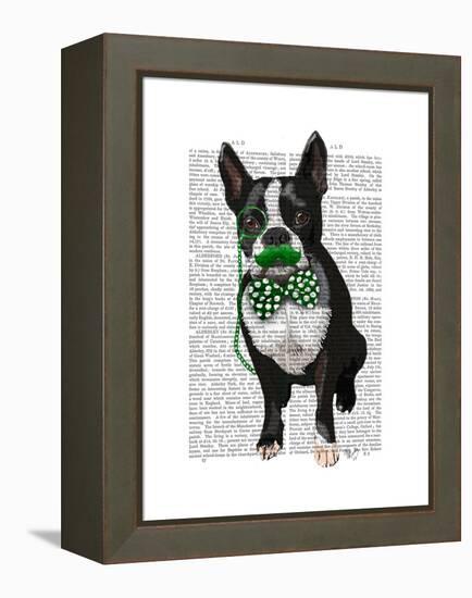 Boston Terrier with Green Moustache and Spotty Green Bow Tie-Fab Funky-Framed Stretched Canvas