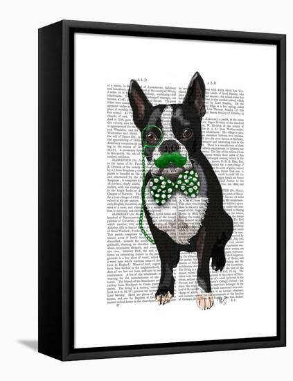 Boston Terrier with Green Moustache and Spotty Green Bow Tie-Fab Funky-Framed Stretched Canvas