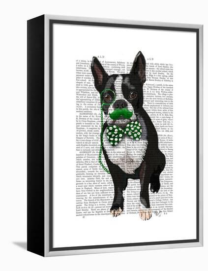 Boston Terrier with Green Moustache and Spotty Green Bow Tie-Fab Funky-Framed Stretched Canvas