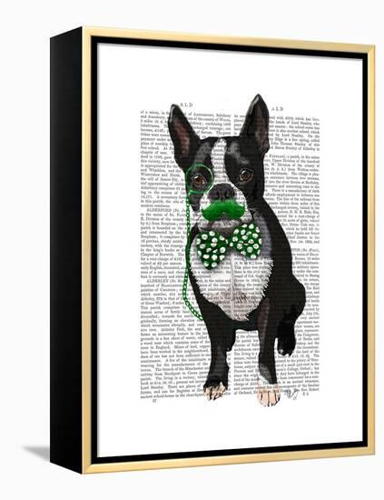 Boston Terrier with Green Moustache and Spotty Green Bow Tie-Fab Funky-Framed Stretched Canvas