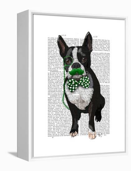 Boston Terrier with Green Moustache and Spotty Green Bow Tie-Fab Funky-Framed Stretched Canvas