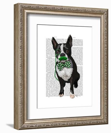 Boston Terrier with Green Moustache and Spotty Green Bow Tie-Fab Funky-Framed Art Print