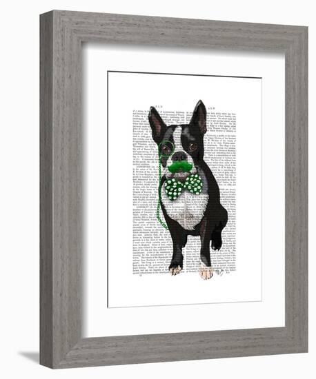 Boston Terrier with Green Moustache and Spotty Green Bow Tie-Fab Funky-Framed Art Print
