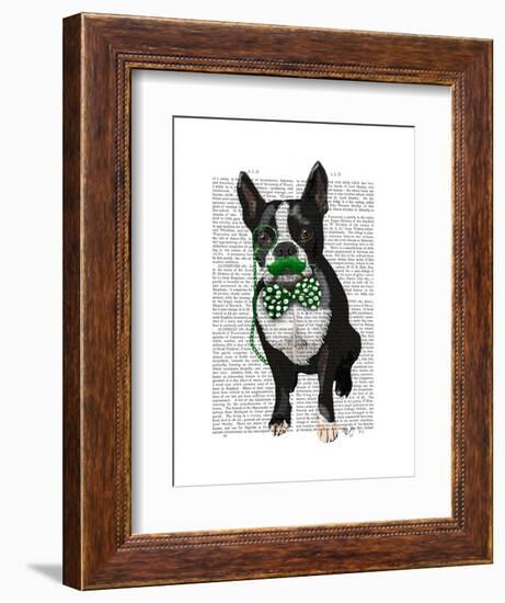 Boston Terrier with Green Moustache and Spotty Green Bow Tie-Fab Funky-Framed Art Print