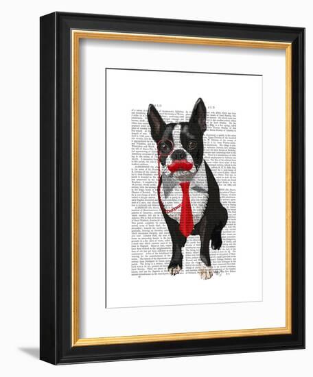 Boston Terrier with Red Tie and Moustache-Fab Funky-Framed Art Print