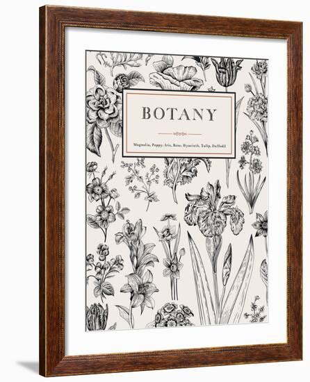 Botany. Vintage Floral Card. Vector Illustration of Style Engravings. Black and White Flowers.-Olga Korneeva-Framed Art Print