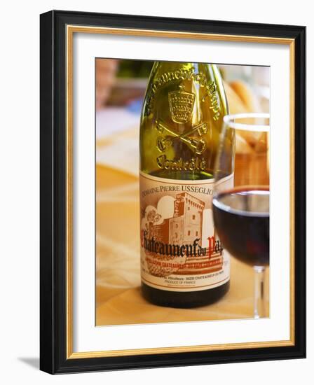 Bottle from Domaine Pierre Usseglio and Glass of Wine, Chateauneuf-Du-Pape, Vaucluse-Per Karlsson-Framed Photographic Print