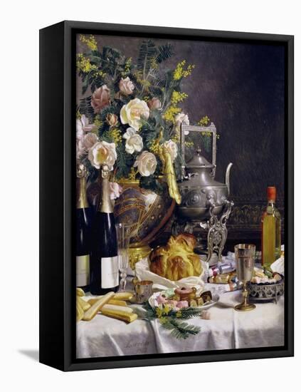 Bottles of Champagne Bread Biscuits and Cakes on a Draped Table, 1889-Jules Larcher-Framed Premier Image Canvas