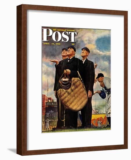 "Bottom of the Sixth"  (Three Umpires) Saturday Evening Post Cover, April 23,1949-Norman Rockwell-Framed Giclee Print