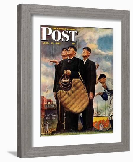 "Bottom of the Sixth"  (Three Umpires) Saturday Evening Post Cover, April 23,1949-Norman Rockwell-Framed Giclee Print