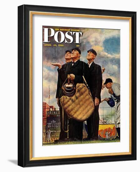 "Bottom of the Sixth"  (Three Umpires) Saturday Evening Post Cover, April 23,1949-Norman Rockwell-Framed Giclee Print