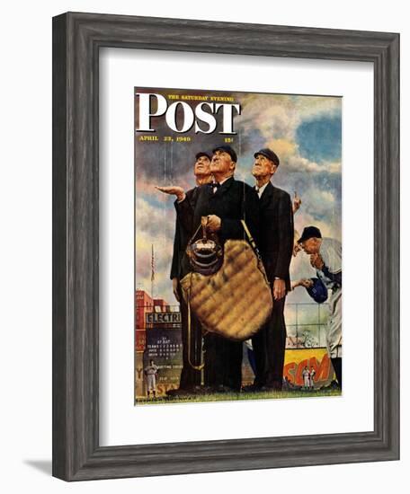 "Bottom of the Sixth"  (Three Umpires) Saturday Evening Post Cover, April 23,1949-Norman Rockwell-Framed Giclee Print