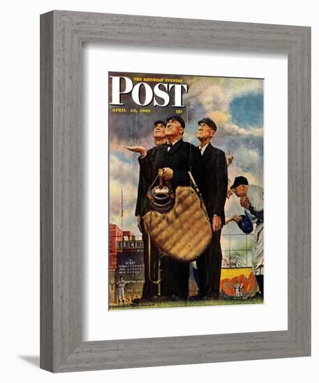 "Bottom of the Sixth"  (Three Umpires) Saturday Evening Post Cover, April 23,1949-Norman Rockwell-Framed Giclee Print