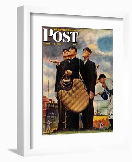 "Bottom of the Sixth"  (Three Umpires) Saturday Evening Post Cover, April 23,1949-Norman Rockwell-Framed Giclee Print