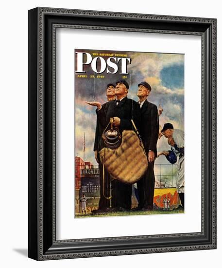 "Bottom of the Sixth"  (Three Umpires) Saturday Evening Post Cover, April 23,1949-Norman Rockwell-Framed Giclee Print