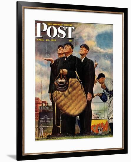 "Bottom of the Sixth"  (Three Umpires) Saturday Evening Post Cover, April 23,1949-Norman Rockwell-Framed Giclee Print