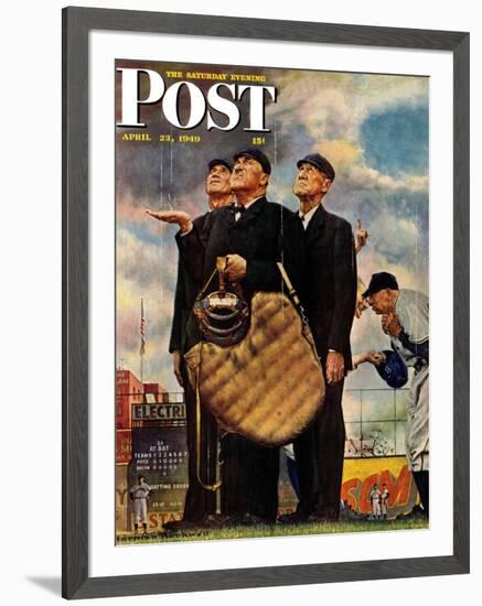 "Bottom of the Sixth"  (Three Umpires) Saturday Evening Post Cover, April 23,1949-Norman Rockwell-Framed Giclee Print