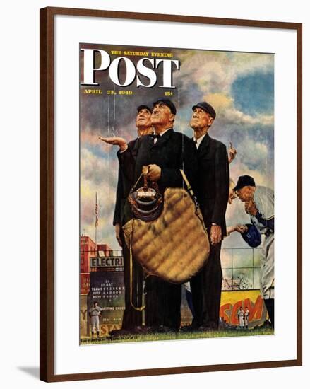 "Bottom of the Sixth"  (Three Umpires) Saturday Evening Post Cover, April 23,1949-Norman Rockwell-Framed Giclee Print