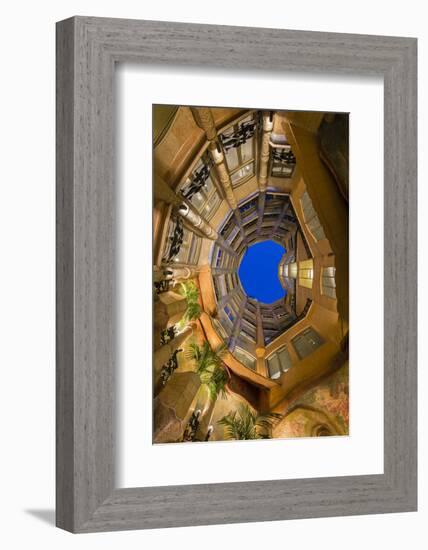 Bottom View of the Inner Courtyard of Casa Mila or La Pedrera at Dusk, Barcelona, Catalonia, Spain-Stefano Politi Markovina-Framed Photographic Print