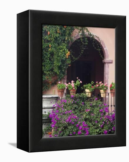 Bougainvillea and Geranium Pots on Wall in Courtyard, San Miguel De Allende, Mexico-Nancy Rotenberg-Framed Premier Image Canvas