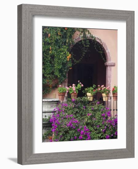 Bougainvillea and Geranium Pots on Wall in Courtyard, San Miguel De Allende, Mexico-Nancy Rotenberg-Framed Photographic Print