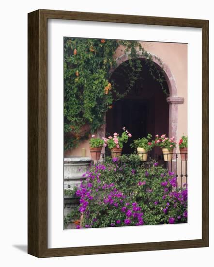 Bougainvillea and Geranium Pots on Wall in Courtyard, San Miguel De Allende, Mexico-Nancy Rotenberg-Framed Photographic Print