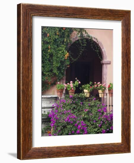 Bougainvillea and Geranium Pots on Wall in Courtyard, San Miguel De Allende, Mexico-Nancy Rotenberg-Framed Photographic Print