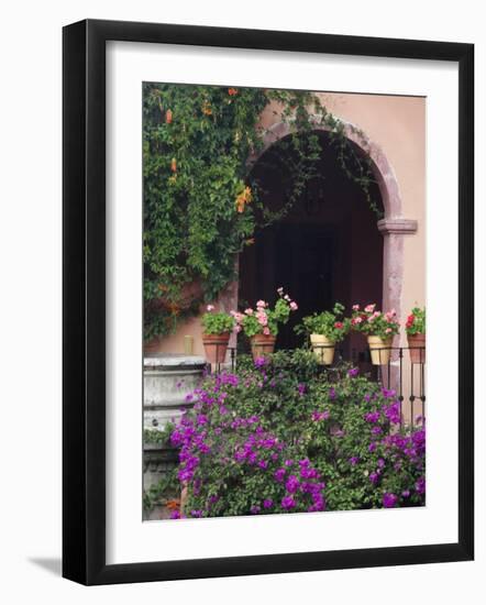 Bougainvillea and Geranium Pots on Wall in Courtyard, San Miguel De Allende, Mexico-Nancy Rotenberg-Framed Photographic Print