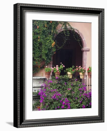 Bougainvillea and Geranium Pots on Wall in Courtyard, San Miguel De Allende, Mexico-Nancy Rotenberg-Framed Photographic Print