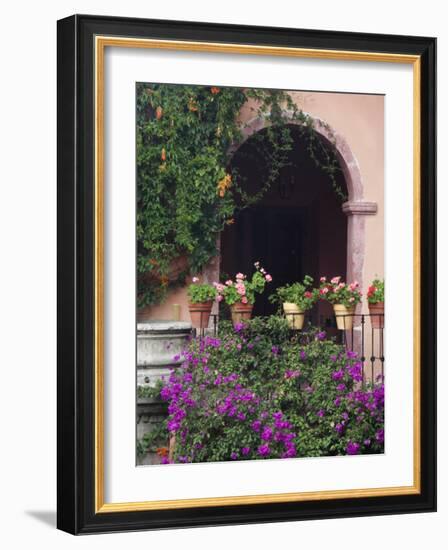 Bougainvillea and Geranium Pots on Wall in Courtyard, San Miguel De Allende, Mexico-Nancy Rotenberg-Framed Photographic Print