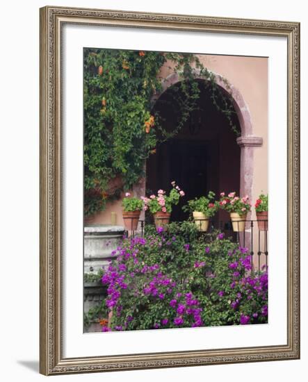 Bougainvillea and Geranium Pots on Wall in Courtyard, San Miguel De Allende, Mexico-Nancy Rotenberg-Framed Photographic Print