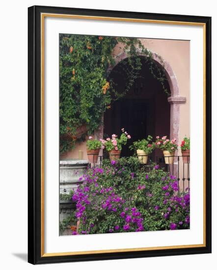 Bougainvillea and Geranium Pots on Wall in Courtyard, San Miguel De Allende, Mexico-Nancy Rotenberg-Framed Photographic Print