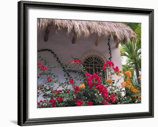 Bougenvilla Blooms Underneath a Thatch Roof, Puerto Vallarta, Mexico-Merrill Images-Framed Photographic Print