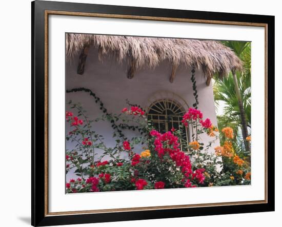 Bougenvilla Blooms Underneath a Thatch Roof, Puerto Vallarta, Mexico-Merrill Images-Framed Photographic Print