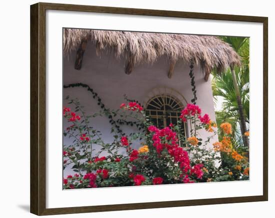 Bougenvilla Blooms Underneath a Thatch Roof, Puerto Vallarta, Mexico-Merrill Images-Framed Photographic Print