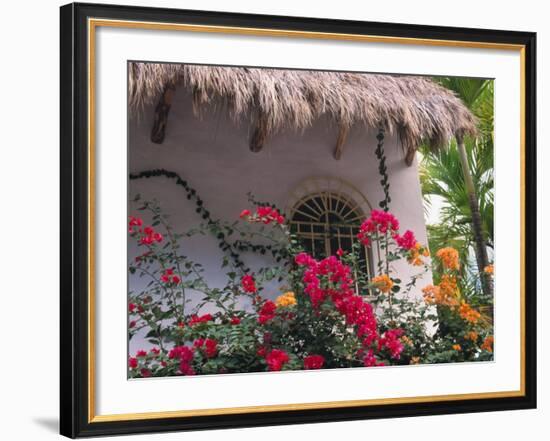 Bougenvilla Blooms Underneath a Thatch Roof, Puerto Vallarta, Mexico-Merrill Images-Framed Photographic Print