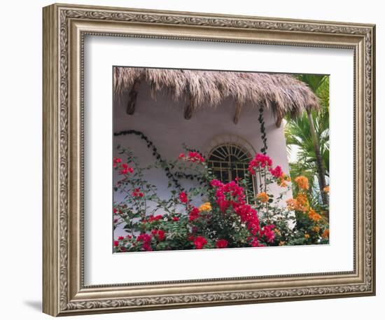 Bougenvilla Blooms Underneath a Thatch Roof, Puerto Vallarta, Mexico-Merrill Images-Framed Photographic Print