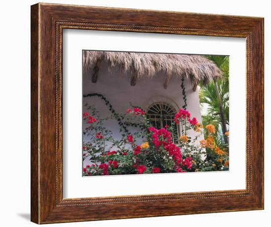 Bougenvilla Blooms Underneath a Thatch Roof, Puerto Vallarta, Mexico-Merrill Images-Framed Photographic Print