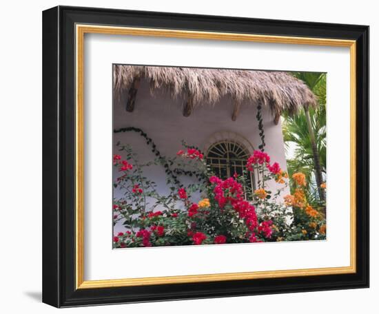 Bougenvilla Blooms Underneath a Thatch Roof, Puerto Vallarta, Mexico-Merrill Images-Framed Photographic Print