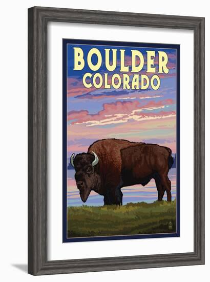 Boulder, Colorado - Bison and Sunset-Lantern Press-Framed Art Print