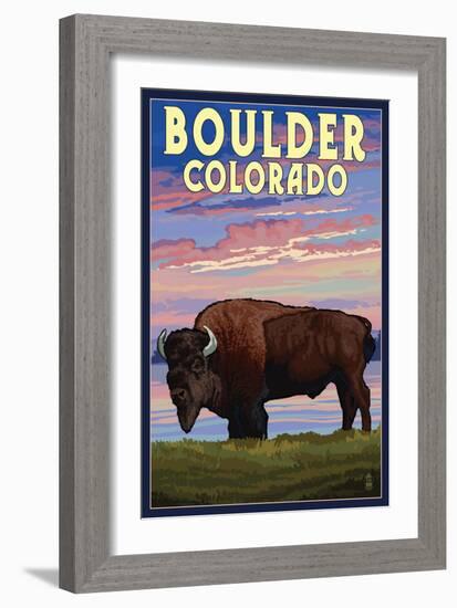 Boulder, Colorado - Bison and Sunset-Lantern Press-Framed Art Print