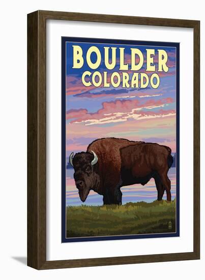 Boulder, Colorado - Bison and Sunset-Lantern Press-Framed Art Print
