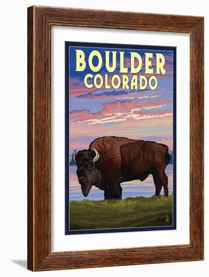 Boulder, Colorado - Bison and Sunset-Lantern Press-Framed Art Print