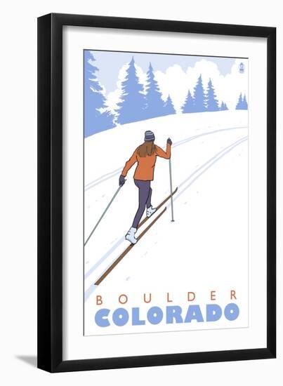 Boulder, Colorado - Cross Country Skier-Lantern Press-Framed Art Print