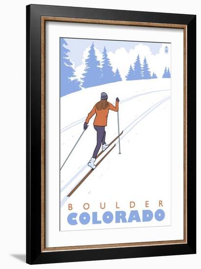 Boulder, Colorado - Cross Country Skier-Lantern Press-Framed Art Print