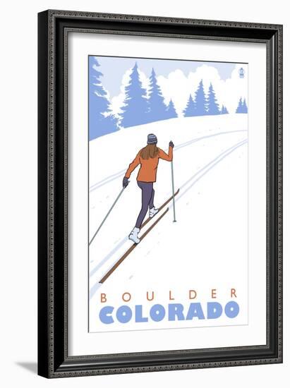 Boulder, Colorado - Cross Country Skier-Lantern Press-Framed Art Print