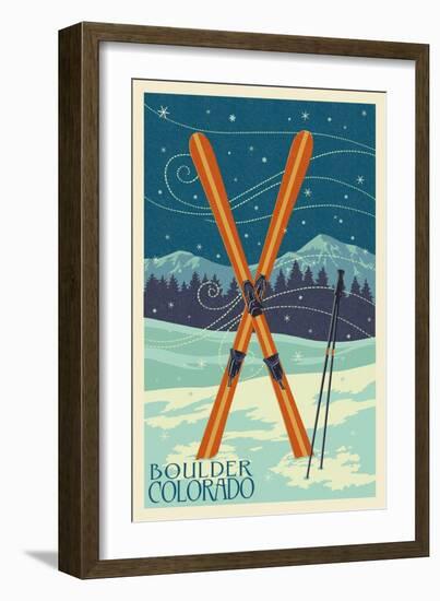 Boulder, Colorado - Crossed Skis-Lantern Press-Framed Art Print