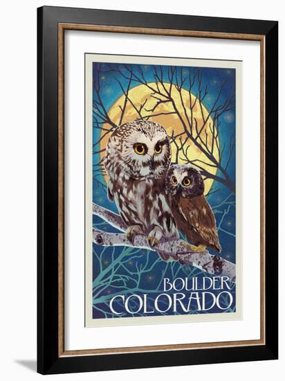 Boulder, Colorado - Owl and Owlet-Lantern Press-Framed Art Print
